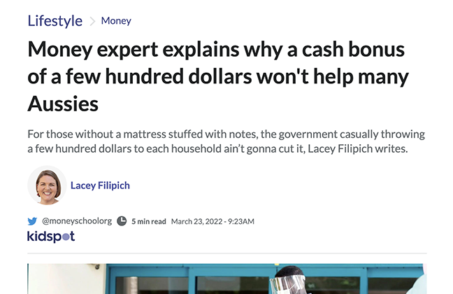 Money expert explains why a cash bonus of a few hundred dollars won’t help many Aussies
